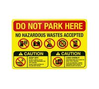 Señal de advertencia con texto en inglés "Do Not Park Here No Hazardous Accepted", letreros de metal de seguridad para el hogar, negocios, exteriores, interiores, carretera, garaje, calle, pared