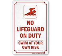 Señal de advertencia con texto en inglés "No Lifeguard On Duty Swim at Your Own Risk", 20 x 30 cm