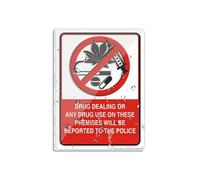 Señal de advertencia de plástico acrílico con texto en inglés "Warning Notice No Drugs Use Or Drug Dealing On The Premises Club Pubs Office Police Will Be Contactted Informed Sign For Office
