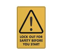 Señal de advertencia de precaución con texto en inglés "Caution Lock Out For Safety Before You Start" de 30,5 x 20,3 cm reflectante de aluminio con símbolo para uso en interiores y exteriores