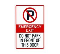 Señal de advertencia de salida de emergencia con texto en inglés "Do Not Park In Front Of This Door", letreros de metal de seguridad para puerta de negocios, hogar, exterior, interior, garaje, calle