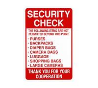 Señal de advertencia de seguridad con texto en inglés "Security Check The Following Items Are Not Permitted Beyond This Point", para entrada de seguridad, para negocios, hogar, calle, pared