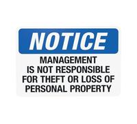 Señal de advertencia de seguridad de propiedad personal con texto en inglés "Management Is Not Responsible For Theft Or Loss Of Personal Property", para el hogar, negocios, calle, pared, precaución