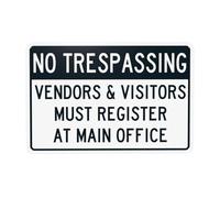Señal de advertencia de seguridad para visitantes con texto en inglés "No Trespassing Must Register At Main Office", letreros de metal para el hogar, negocios, exteriores, interiores, carretera