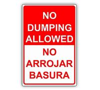 Señal de advertencia "No Dumping Allowed No Arrojar Basura English Spanish Bilingüe Road Sign Business Sign 12X16" Aluminio Metal Tin Sign