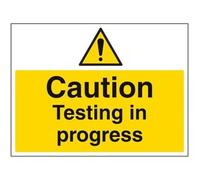 Señal de advertencia VSafety con texto en inglés "Caution, Testing In Progress", horizontal, 400 mm x 300 mm, vinilo autoadhesivo