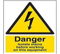 Señal de advertencia VSafety Danger, Isolate Mains Before Working On This Equipment - Retrato - 150 mm x 200 mm - Vinilo autoadhesivo