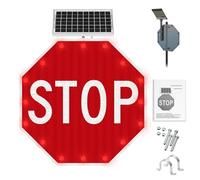 SeñAl De Alto De 24"/32" Con EnergíA Solar, Intermitente Led, Letrero De TráFico Octogonal De Aluminio, PelíCula Reflectante Roja De Grado Ingeniero Con Abrazadera En U(24in)