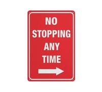 Señal de aluminio con texto en inglés "No Stopping At Any Time" con flecha derecha, 30,5 x 20,3 cm, protección UV, impermeable, resistente a la intemperie y a la decoloración, 4 agujeros preperforados