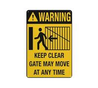 Señal de aluminio con texto en inglés "Warning Keep Clear Gate May Move At Any Time" de 12 x 8 pulgadas, protección UV, impermeable, resistente a la intemperie y a la decoloración, 4 agujeros