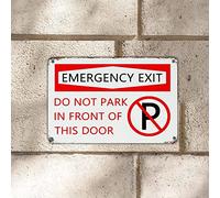 Señal de aluminio de advertencia con texto en inglés "Emergency Exit Do Not Park in Front of This Door", placa de lata de 20 x 30 cm, resistente a la intemperie, protección UV, placa de metal para el