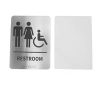 Señal de baño en Braille unisex para personas con discapacidad, señal de puerta de baño con iconos elevados autoadhesivos de acero inoxidable y texto en Braille, cumplimiento de la
