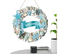 Señal de bienvenida para puerta frontal - Wooden 30 cm 11.8in Coastal Beach Wreath Style Wall Hanging Decoration | Blue Shell Starfish Beach Theme Door Sign Indoor Outdoor Porch Decor