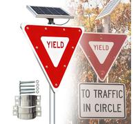 Señal de Ceder el Paso Intermitente LED con Energía Solar 28" con Accesorios de Montaje Fijos, Señal de Advertencia Vial Triangular de Aluminio Impermeable IP65