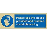 Señal de distancia social con texto «Please use the Glove Supply and Practice, plástico semirrígido, color dorado