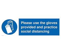 Señal de distanciamiento social con texto en inglés "Please use the gloves provided and practice social" - compuesto de aluminio de 3 mm