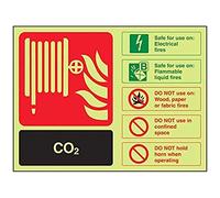 Señal de extintor VSafety que brilla en la oscuridad, con identificación de CO2, 200 mm x 150 mm, plástico rígido