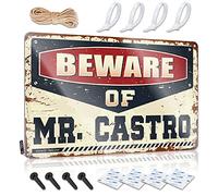Señal de límite de cerveza con texto en inglés "Beware Of Mr. Castro" para habitación de hombre, letrero de lata para bar (30 x 40 cm)