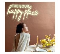 Señal de luz de neón Letrero de neón Este es Nuestro Lugar Feliz decoración Habitaciones hogar Fiestas Bares Salones Belleza 42x23cm(Amarillo)