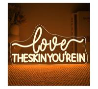 Señal de luz de neón Letrero de neón Love The Skin You'Re in para SPA, decoración Pared, Letras Blancas cálidas, 37 x 19 cm
