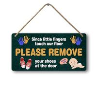 Señal de madera con texto en inglés "Please Take Off Your Shoes The Kids Lick The Floor Please Remove Your Shoes", para puerta delantera, con texto en inglés "No Shoe In The House Dont Touch", con
