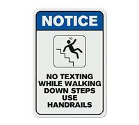 Señal de metal con texto en inglés "Notice No Texting While Walking Down Steps Use Handrails" - Cartel de metal con precaución de estaño, señal de advertencia de seguridad, aviso de atención, 12 x 8