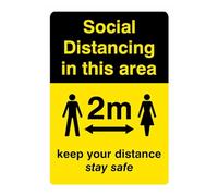 Señal de metal con texto en inglés "Social Distancing In Area Keep Your Distance" de 2 metros con texto en inglés "Safety & Warning Security", 2 m x 12 pulgadas, precaución, seguridad en interiores y