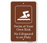 Señal de metal retro con texto "Swim At Your Own Risk No Lifeguard Is On Duty" (20 x 30 cm)