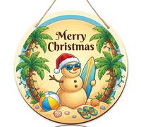 Señal de Navidad con cita de hombre de nieve tropical, 30,5 x 30,5 cm | Tema de playa tropical, letrero de puerta colgante, tabla de surf, pelota de playa, gafas de sol, decoración costera de