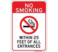 Señal de no fumar dentro de 25 pies. Aluminio comercial de 7 x 10 pulgadas. Nunca se oxida ni se decolora. Permite que todos sepan claramente que no se permite fumar. No fumar aquí. Se instala en