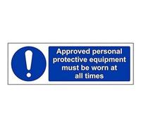 Señal de obligación en inglés de VSafety Signs (41083AX-S), con lema «Approved PPE Must Be Worn At All Times»; autoadhesivo, horizontal, 300 x 100 mm en color azul