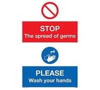 Señal de plástico rígido de 3 mm con texto "Stop germs Please wash your hands"