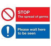 Señal de plástico semirrígido de 1 mm con texto"STOP germs Please wait here to be view".