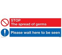 Señal de plástico semirrígido de 1 mm con texto "STOP germs Please wait here to be view".