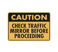 Señal de precaución con texto en inglés «Caution Check Traffic Mirror Before Proceeding» para casa, 30,5 x 20,3 cm, aluminio premium, a prueba de sol, sin óxido