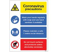 Señal de precauciones de Coronavirus - Lavar las manos, mantener 1 metro de distancia, evitar tocar superficies, señal de PVC semirrígido (300 x 400 mm)