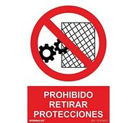Señal de Prohibido retirar protecciones, texto y pictograma con tintas UV SEKURECO