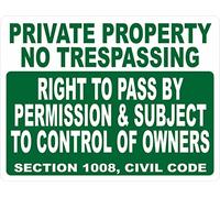 Señal de propiedad privada con texto en inglés "No Trespassing Right To Pass By Permission & Subject To Control Of Owners", metal de 12 x 18 pulgadas.