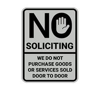 Señal de puerta a puerta redonda con texto en inglés "No Soliciting We Do Not Purchase Goods or Services Vendid" (Lt Gray) - Pequeño