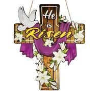 Señal de puerta con texto en inglés "He Is Risen", decoración de Pascua, cruz religiosa de madera, decoración de Pascua, flores de lirio, decoración colgante de Jesús, decoración de puerta de Pascua