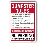 Señal de reglas de contenedor de basurero, letrero de seguridad para exteriores e interiores con texto en inglés "Dumpster Rules - No Parking In Front Of Dumpster", 8 x 12 pulgadas