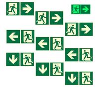 Señal de Salida de Emergencia, 30 x 15 cm Salida flecha Luminiscente, Adhesivo PVC Resistente para Exterior e Interior (Izquierda, Derecha, Abajo)
