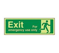 Señal de salida de emergencia a la derecha, en inglés, de VSafety Signs (21013AX-S), con lema «Exit. Exit For Emergency Use Only»; autoadhesivo, horizontal, 300 x 100 mm en color verde