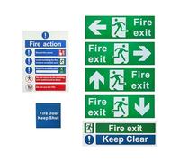 Señal de salida de incendios: juego de pegatinas para señales de salida de seguridad, paquete de calcomanías de alta visibilidad de 7 piezas, material resistente a la decoloración, pantalla transparen