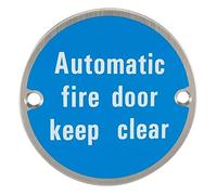 Señal de seguridad automática para puerta de incendios, acero inoxidable, 76 mm, con fijaciones