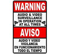 Señal de seguridad bilingüe de audio y video vigilancia en uso en todo momento, letrero de seguridad inglés y español, letrero de metal de 8 x 12 pulgadas