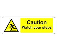 Señal de seguridad Caution Watch Your Steps, adhesivo autoadhesivo de alta adherencia (150 mm x 50 mm), distancia de visión dentro de 3 m.
