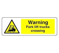 Señal de seguridad con advertencia de horquilla elevadora, con texto en inglés "Warning Fork Lift Trucks Crossing", adhesivo autoadhesivo de alta adherencia (300 mm x 100 mm), distancia de visión