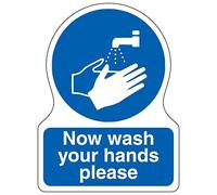 Señal de seguridad con forma de VSafety - Now Wash Your Hands Please - 150 x 200 - Vinilo autoadhesivo