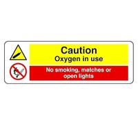 Señal de seguridad con texto en inglés «A Caution Oxygen In Use No Smoking Matches, or Open Lights» (600 mm x 300 mm) Distancia de visualización dentro de 14 m.